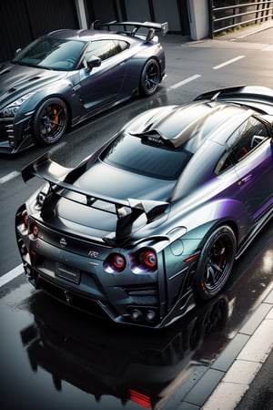 Nissan GT-R R35 pandem rocket Bunny at crowd Street, purple car, day, beautiful day, dynamic shadow, wet reflection, masterpiece, ultra high quality, ultra high resolution, ultra realistic, ultra reflection, detailed background, dark shot, muted color, dark tone, low key, 8k,perfect light