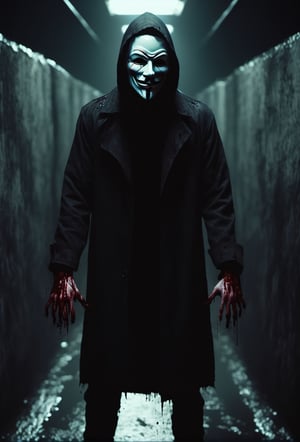 a guy standing at dark tunnel, holding a sign that says (DAYPro), creepy guy, white skin, black coat, black pants, guy Fawkes mask, Giant muscular body, bloodied mask, murder, upper body, brutal gore, bloodied guy, bloodied body, bloodied clothes, gore stills, rain, dark Day, bloods at ground and wall, lots of bloods, (extremely gore), (bloods:1.5), focus on viewer, psychopath, MilkGore, blood reflection, realistic blood, front view, photo real, ultra detailed, masterpiece, ultra realistic bloods, ultra high quality, ultra high resolution, ultra realistic, ultra reflection, ultra lighting, detailed background, dramatic lighting, low key, dark tone, 8k, HellAi,text logo DAYPro 