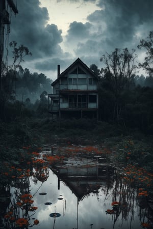 (masterpiece, best quality, very aesthetic, ultra detailed), intricate details, (no human. flower at Forest. Abandoned modern house), (rainy day. Rain. Cloudy. Wet ground. Water reflection. Gloomy. Ambient. Horror. Creepy. Dark), aesthetic