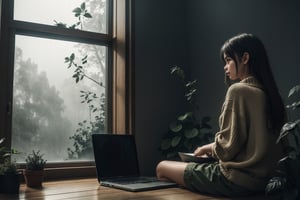 a girl sitting looking at window, indoor, sad girl, forest  landscape background at window, fog, rain drop at window, rainy, plant, flower, laptop, cat, sweater, short pants, full body, back view, from below, ultra high quality, ultra high resolution, detailed background, low key, dark tone, 8k