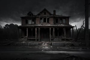 (masterpiece, best quality, very aesthetic, ultra detailed), intricate details,  (no human. Only a ghost at abandoned house. Dark. Gloomy. Creepy), (front view), (ultra realistic. realistic lighting), 8k, aesthetic