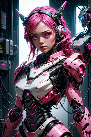 (((Masterpiece))), (((Hyperrealistic))), (((Extremely Detailed))), (((Extremely High Quality))), A mecha girl, robotic arm, robotic body, neck are wires, bright pink glowing eyes, mecha room, pink light, wires connected to the body part, lot's of wires, looking to viewer with angry, front view, (upper body:1.2), dramatic lighting, ultra high quality, ultra high res, ultra realistic, ultra reflection, ultra detailed, ultra detailed lighting, ultra detailed background, ultra detailed around, 4K, 8K, 16K, monster, HellAI