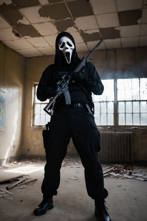 a guy standing at spooky abandoned class room, indoor, dark day, sun rays coming through window, ghost face mask, ghost face costume, (full body:1.2), big body, head tilted, holding an M16 Rifle series, smoke, focus on viewer, front view, from above, dramatic photoshoot, DSLR, masterpiece, ultra high quality, ultra high resolution, detailed background, aesthetic lighting, low key, dark tone,ghostface mask,HellAI,M16 Rifle series