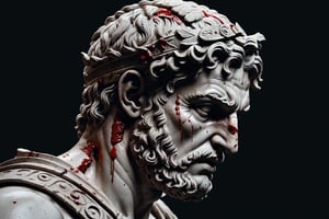 (masterpiece, best quality, (very aesthetic), ultra detailed), intricate details, (aesthetic greek roman head statue. (Head only). Bloodied statue. Creepy statue, (Simple Black background), (side view. ((From far)), (dark. Muted color. Low key), 8k, Extremely Realistic, more detail XL