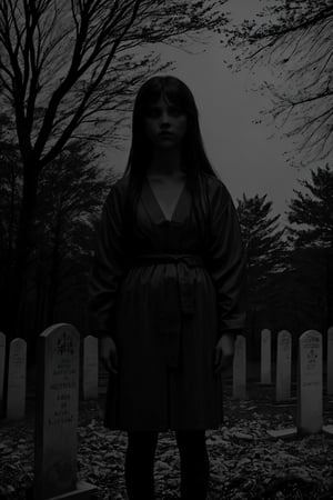 monochrome, greyscale, dark, 1girl, solo, long hair, tree, glowing, traditional media, glowing eyes, standing at grave, front view, front focus,