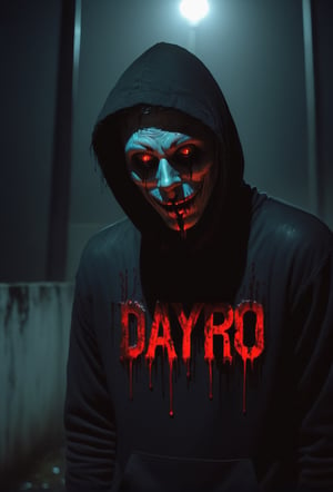 a guy standing at dark street, holding a black sign with ("DAYPRO" text logo, red, black, glowing, glow:1.5) with her hands, creepy guy, head tilted white hoodie, guy Fawkes mask, glowing red eyes, muscular body, bloodied mask, street light, fog, murder, upper body, brutal gore, bloodied guy, bloodied body, bloodied clothes, gore stills, rainy night, dark night, bloods at sign, lots of bloods, (extremely gore), (bloods:1.5), focus on viewer, psychopath, MilkGore, blood reflection, realistic blood, front view, photo real, ultra detailed, masterpiece, ultra realistic bloods, ultra high quality, ultra high resolution, ultra realistic, ultra reflection, ultra lighting, detailed background, dramatic lighting, low key, dark tone, 8k, HellAi,text logo