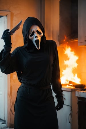 a girl standing at kitchen room, kitchen interior, white room, ghost face mask), ghost face costume, (full body), (burning clothes. Burned clothes. fire), medium breast, head tilted, (holding an knife want to attack viewer), focus on viewer, front view, from below, ultra high quality, ultra high resolution, detailed background, dramatic lighting, muted color, luts, low key, dark tone,ghostface mask,HellAI,fire