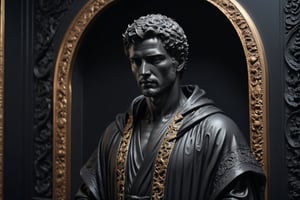 (masterpiece, best quality, very aesthetic, ultra detailed), intricate details, (a aesthetic sculpture man statue at elegant room). Black wall),(medium close up), (wearing black robe), (front view. front focus), 8k,Extremely Realistic, more detail XL