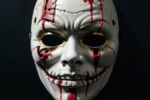 (masterpiece, best quality, (very aesthetic), ultra detailed), intricate details, ((no human)), (aesthetic (the purge Anarchy. God). White Mask. ((Mask only)). (Bloodied mask. Creepy mask), (Simple Black background), (side view). ((Medium close up)), (dark. Muted color. Low key), 8k, Extremely Realistic, more detail XL