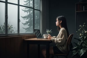 a girl sitting at chair looking at window, table, coffee, sad girl, forest, fog, rain drop at window, rainy, flower, working laptop, cat, sweater, short pants, full body, back view, from below, ultra high quality, ultra high resolution, detailed background, low key, dark tone, 8k