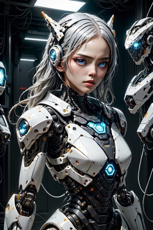 (((Masterpiece))), (((Hyperrealistic))), (((Extremely Detailed))), (((Extremely High Quality))), A white mecha girl, robotic arm, robotic body, neck are wires, bright silver glowing eyes, mecha room, wires connected to the body part, lot's of wires, looking to viewer with angry, front view, front focus, (upper body:1.2), dramatic lighting, ultra high quality, ultra high res, ultra realistic, ultra reflection, ultra detailed, ultra detailed lighting, ultra detailed background, ultra detailed around, 4K, 8K, 16K, monster, HellAI
