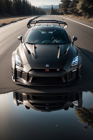 Nissan GT-R R35 pandem rocket Bunny, nature landscape, black metalic car color, day, beautiful day, dynamic shadow, wet reflection, masterpiece, ultra high quality, ultra high resolution, ultra realistic, ultra reflection, detailed background, dark shot, muted color, dark tone, low key, 8k,perfect light,More Detail