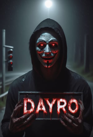 a guy standing at dark street, ((holding a black sign with (("DAYPRO" text logo, red, black, glowing, glow:1.5) with her hands, head tilted, white hoodie, guy Fawkes mask, red eyes, muscular body, bloodied mask, street light, fog, murder, upper body, brutal gore, bloodied guy, bloodied body, bloodied clothes, gore stills, rainy night, dark night, bloods at sign, lots of bloods, (extremely gore), (bloods:1.5), focus on viewer, psychopath, MilkGore, blood reflection, realistic blood, front view, photo real, ultra detailed, masterpiece, ultra realistic bloods, ultra high quality, ultra high resolution, ultra realistic, ultra reflection, ultra lighting, detailed background, dramatic lighting, low key, dark tone, 8k, HellAi,text logo