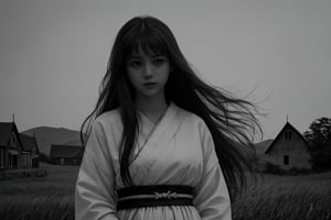 monochrome, greyscale, dark, 1girl, solo, long hair, tree, glowing, traditional media, glowing eyes, standing, beautiful, cute, white skin, village outfit, upper body, hair blown by the wind, front view, front focus, focus on viewer,