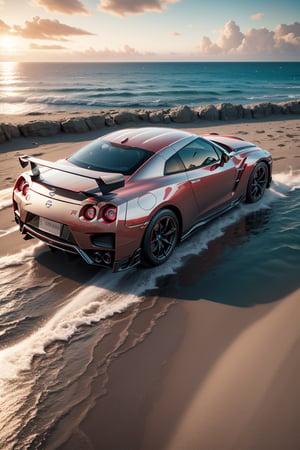 Nissan GT-R, at beach, sea landscape, red metalic car color, day, beautiful day, dynamic shadow, depth of field, ray tracing, from below, masterpiece, water reflection, ultra high quality, ultra high resolution, ultra realistic, ultra reflection, detailed background, 8k,perfect light,More Detail