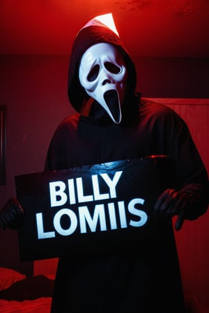 a guy standing at dark bedroom room, (((holding a big black sign with ((("BILLY))) (((LOOMIS"))) small text, text logo, red, black, glowing, glow:1.3) with her hands))), (Christmas hat), dark night, ghost face mask, ghost face costume, (full body:1.1), big body, head tilted, focus on viewer, side view, dramatic photoshoot, DSLR, masterpiece, ultra high quality, ultra high resolution, detailed background, dramatic lighting, low key, dark tone,ghostface mask,text logo,