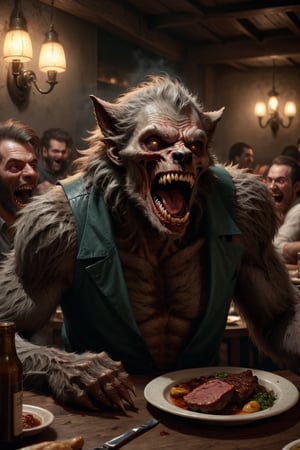 A werewolf sitting at restaurant patron, table, meat, drink, human around, laugh, funny, masterpiece, ultra high quality, ultra high res, ultra realistic, 8k,monster,HellAI, 