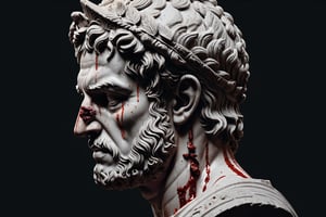 (masterpiece, best quality, (very aesthetic), ultra detailed), intricate details, (aesthetic greek roman head statue. (Head only). Bloodied statue. Creepy statue, (Simple Black background), (side view. ((Medium close up)), (dark. Muted color. Low key), 8k, Extremely Realistic, more detail XL