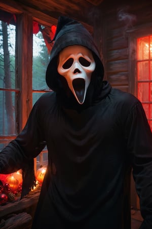 a guy standing at spooky cabin, Christmas tree, Christmas decorations, indoor, dark night, ghost face mask, ghost face costume, Christmas hat, (full body:1.2), big body, head tilted, smoke, red light, focus on viewer, front view, from above, dramatic photoshoot, DSLR, masterpiece, ultra high quality, ultra high resolution, detailed background, vivid lighting, low key, dark tone,ghostface mask,HellAI