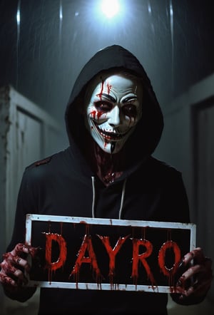 a guy standing at dark street, holding a black sign with (("DAYPRO")) text logo, red, black, neon, glow:1.5) with her hands, creepy guy, white skin, white hoodie, guy Fawkes mask, muscular body, bloodied mask, murder, upper body, brutal gore, bloodied guy, bloodied body, bloodied clothes, gore stills, rain, dark night, bloods at sign, lots of bloods, (extremely gore), (bloods:1.5), focus on viewer, psychopath, MilkGore, blood reflection, realistic blood, front view, photo real, ultra detailed, masterpiece, ultra realistic bloods, ultra high quality, ultra high resolution, ultra realistic, ultra reflection, ultra lighting, detailed background, dramatic lighting, low key, dark tone, 8k, HellAi,text logo