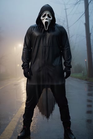 a guy standing at quiet road, sad, rain, rainy, foggy, ghost face mask, ghost face costume, (full body:1.2), big body, head tilted, fog background, aesthetic, focus on viewer, front view, from below, ultra high quality, ultra high resolution, detailed background, dramatic lighting, muted color, luts, low key, dark tone,ghostface mask