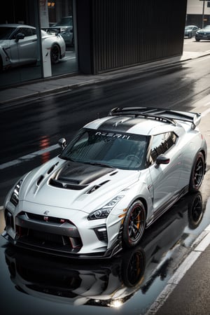 Nissan GT-R R35 pandem rocket Bunny at Street, white car, day, beautiful day, dynamic shadow, wet reflection, masterpiece, ultra high quality, ultra high resolution, ultra realistic, ultra reflection, detailed background, dark shot, muted color, dark tone, low key, 8k,perfect light