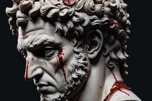 (masterpiece, best quality, very aesthetic, ultra detailed), intricate details, (aesthetic greek roman head statue. (Head only). Bloodied statue. Creepy statue, (Simple Black background), (side view. ((From far)), (dark. Muted color. Low key), 8k, Extremely Realistic, more detail XL