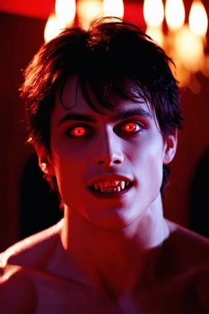 Masterpiece, high quality, ultra high res, detailed face, detailed eyes, a Vampire male, 24 year old, (upper body:1.2), face focus, (red eyes:1.3), pale skin, handsome, comma hair, stylish guy, very handsome, sexy muscular body, wear nothing, small cute fangs, evil smile, bloods at mouth, blood melts, bloods at neck, standing at dark castle indoor, focus on viewer, front view,