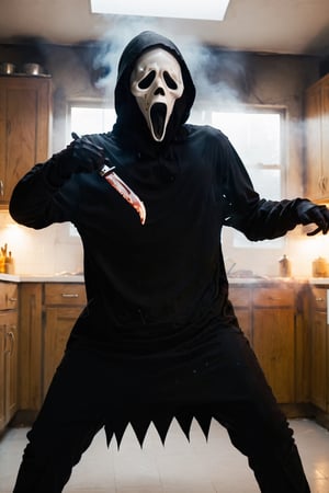 a girl standing at kitchen room, kitchen interior, white room, ghostface mask, ghostface costume, (full body1.2), (burning clothes. Burned outfit), medium breast, head tilted, (holding knife. attack pose), looking at viewer, front view, from below, ultra high quality, ultra high resolution, detailed background, dramatic lighting, muted color, luts, low key, dark tone,ghostface mask,HellAI,fire