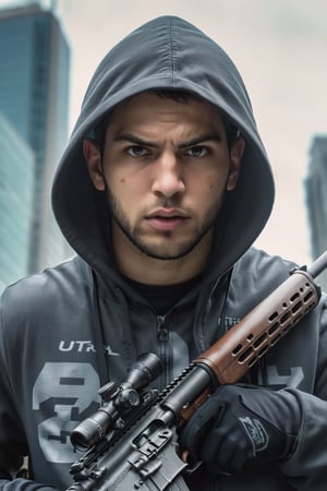 Masterpiece, ultra high res, ultra high quality, a guy standing at city, day, hoodie, hooded, handsome face, upper body, (holding an assaults rifles with two hands), focus on viewer, front view, from below, low key, dark tone, ultra detailed, ultra realistic, ultra reflection, 8k,M16 Rifle series,HellAI,more detail XL