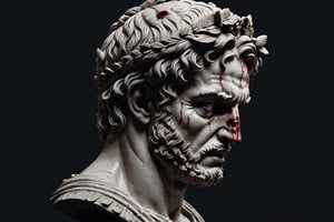 (masterpiece, best quality, very aesthetic, ultra detailed), intricate details, (aesthetic greek roman head statue. (Head only). Bloodied statue. Creepy statue, (Simple Black background), (side view. ((From far)), (dark. Muted color. Low key), 8k, Extremely Realistic, more detail XL