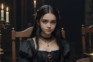 (masterpiece, best quality, very aesthetic, ultra detailed), intricate details, 1girl, (a 17 y old girl) sitting at chair. Table. very dark room. Candle at table, upper body, (sad. Sadness. Beautiful. Cute), long black hair,  ((victorian black closed clothes. Necklace)), (light smile with staring at viewer), (dark around), dark and gloomy, front view, front focus, 8k,Extremely Realistic,perfect finger,hand