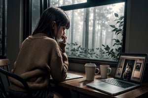 a girl sitting at chair looking at window, table, coffee, sad girl, forest, fog, rainy, flower, working laptop, cat, sweater, short pants, upper body, back view, from below, ultra high quality, ultra high resolution, detailed background, low key, dark tone, 8k