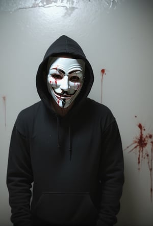 a guy standing at dark room wearing white hoodie, ((text at the front of hoodie (("DAY PRO" text logo, red, black), head tilted, ((guy Fawkes mask)), bloodied mask, murder, full body, brutal gore, bloodied guy, bloodied body, bloodied clothes, gore stills, dark night, bloods at floor and wall, lots of bloods, (extremely gore), (bloods:1.5), focus on viewer, psychopath, MilkGore, blood reflection, realistic blood, front view, photo real, ultra detailed, masterpiece, ultra realistic bloods, ultra high quality, ultra high resolution, ultra realistic, ultra reflection, ultra lighting, detailed background, dramatic lighting, low key, dark tone, 8k, HellAi,text logo