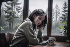 a girl sitting at chair window, table, coffee, sad girl, forest, fog, rainy, flower, working laptop, cat, sweater, short pants, upper body, pale skin, beautiful face, cute, long black hair, back view, focus on viewer, from below, ultra high quality, ultra high resolution, detailed background, dark tone, 8k