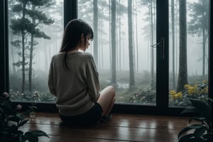 a girl sitting looking at window, indoor, sad girl, forest  landscape background at window, fog, water drop at window glass, rainy, plant, flower, sweater, short pants, full body, back view, from below, ultra high quality, ultra high resolution, detailed background, low key, dark tone,