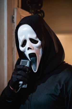 a guy standing at house wall, indoor, (((holding an white walkie talkie. And talk something))), dark night, ghost face mask, ghost face costume, (upper body:1.2), big body, ((head tilted)), focus on viewer, side view, dramatic photoshoot, DSLR, masterpiece, ultra high quality, ultra high resolution, detailed background, dramatic lighting, low key, dark tone,ghostface mask,text logo,