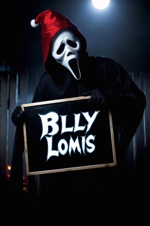 a guy standing at dark bedroom room, (((holding a big black sign with ((("Billy Loomis"))) small text, text logo, red, black, glow red, glowing:1.3) with her hands))), (Christmas hat), dark night, ghost face mask, ghost face costume, (full body:1.2), big body, head tilted, focus on viewer, side view, dramatic photoshoot, DSLR, masterpiece, ultra high quality, ultra high resolution, detailed background, dramatic lighting, low key, dark tone,ghostface mask,text logo,