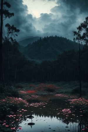 (masterpiece, best quality, very aesthetic, ultra detailed), intricate details, (no human. flower at Forest. Abandoned cabin), (rainy day. Rain. Cloudy. Wet ground. Water reflection. Gloomy. Ambient. Horror. Creepy. Dark), aesthetic