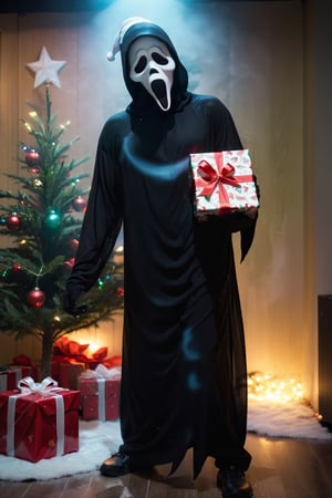 a guy standing at Christmas tree indoor, gift at floor, Christmas decorations, night, ghost face mask, ghost face costume, Christmas hat, (full body:1.2), big body, head tilted, holding an gift, focus on viewer, front view, from above, dramatic photoshoot, DSLR, masterpiece, ultra high quality, ultra high resolution, detailed background, vivid lighting, low key, dark tone,ghostface mask,HellAI