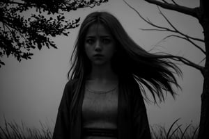 monochrome, greyscale, dark, 1girl, solo, long hair, tree, glowing, traditional media, glowing eyes, standing, upper body, hair blown by the wind, front view, front focus, focus on viewer,