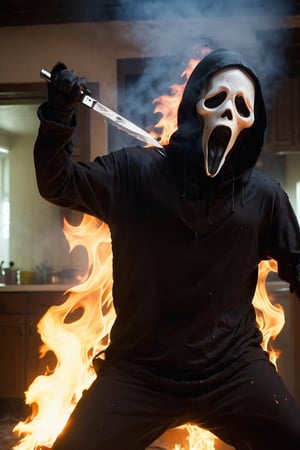 a girl standing at kitchen room, kitchen interior, white room, ghost face mask), ghost face costume, (full body), (burning clothes. Burned clothes. fire), medium breast, head tilted, (holding knife with one hands. Attack pose), focus on viewer, front view, from below, ultra high quality, ultra high resolution, detailed background, dramatic lighting, muted color, luts, low key, dark tone,ghostface mask,HellAI,fire