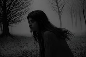 monochrome, greyscale, dark, 1girl, solo, long hair, tree, glowing, traditional media, glowing eyes, front view, front focus,