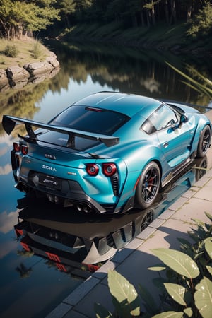 Supra GT-R pandem rocket Bunny, nature landscape, blue metalic car color, day, beautiful day, dynamic shadow, wet reflection, masterpiece, ultra high quality, ultra high resolution, ultra realistic, ultra reflection, detailed background, dark shot, muted color, dark tone, low key, 8k,perfect light,More Detail