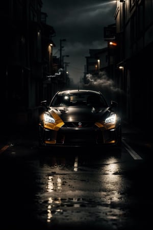 Nissan GTR pandem rocket Bunny at dark alley, hoodie, hooded, guy standing at road front of the car, black pants, full body, dynamic shadow, wet reflection, smoke, spooky situation, spooky around, masterpiece, ultra realistic scene, ultra high quality, ultra high resolution, ultra realistic, ultra reflection, ultra lighting, detailed background, dramatic lighting, dark tone, low key, 16k