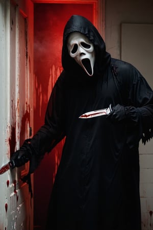 a guy standing at white wall room, (((text on the wall with (("Billy Loomis")) text logo, red, black, blood) on the wall))), dark night, ghost face mask, ghost face costume, (full body:1.2), big body, head tilted, holding an knife with action want to kill viewer, focus on viewer, side view, dramatic photoshoot, DSLR, masterpiece, ultra high quality, ultra high resolution, detailed background, dramatic lighting, low key, dark tone,ghostface mask,text logo,