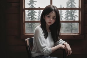 (masterpiece, best quality, very aesthetic, ultra detailed), intricate details, 1girl, ((sitting at chair. At cabin. Window forest as background)). (White sweater), (Cute. Innocent. Beautiful. Crying. Tears), (pale skin. (Black eyes:1.3). Long brown hair. In ear hair), (upper body:1.3), Up close, (indoor), (front view). From below. (Focus on viewer. looking at viewer), ((night. Dynamic light)), (ultra realistic. Ultra realistic lighting. Ultra realistic reflection. Ultra detailed), 8k, aesthetic,More Detail