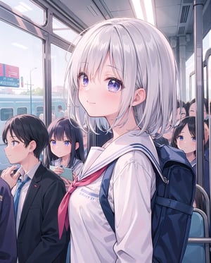 (masterpiece), 1girl, blue purple eyes, (silver hair, white hair), medium hair, medium breasts, (bangs:0.7), (shy:0.8), (smile:0.8), (hair_over_one_eye), (puffy_nipple:0.8), school uniform, (crowd:1.5), train interior, side view