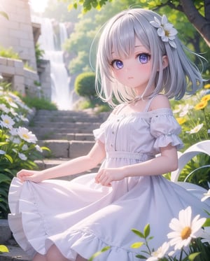 (masterpiece), 1girl, silver hair, medium hair, blue purple eyes, white dress, spring, flowers, petals, windy, skirt lift, lensflare