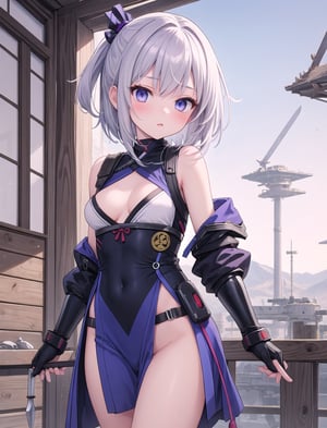 (masterpiece), 1girl, blue purple eyes, silver hair, medium hair, medium breasts, ninja, kunoichi, sci-fi, techwear, (competition_swimsuit,leotard:0.3) , kunai, armor